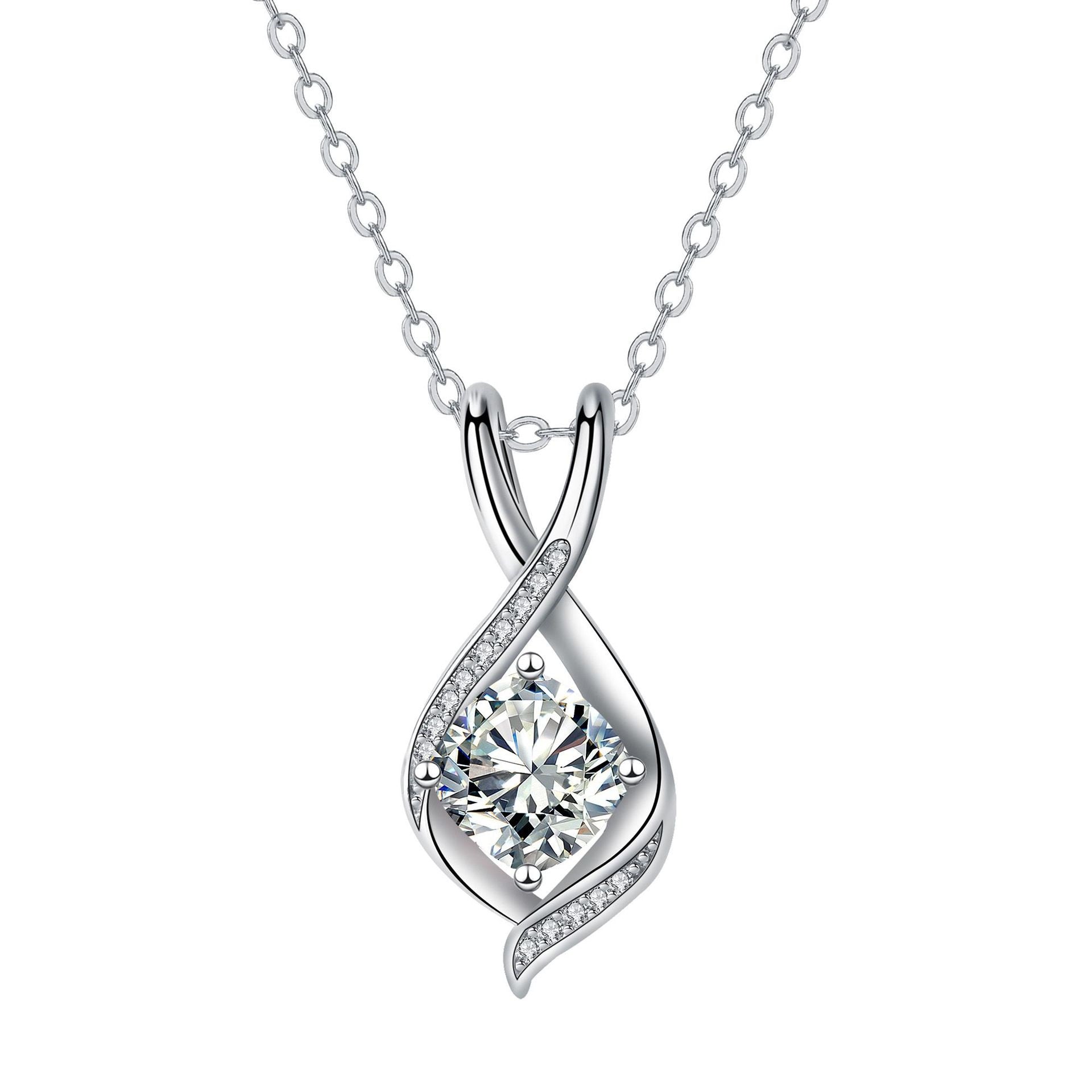 Silver necklace with a diamond pendant on a white background