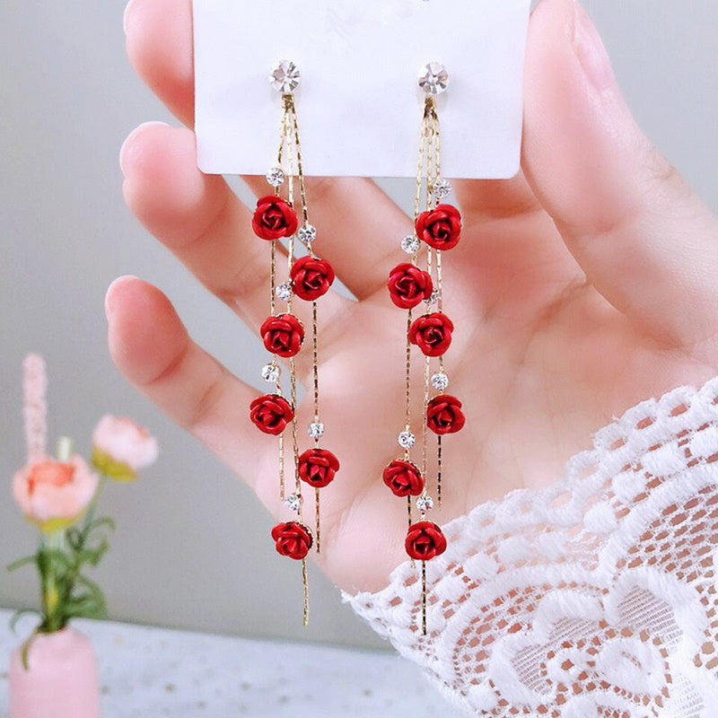 Red Rose Flower Long Earrings – Rhinestone Tassel Jewelry