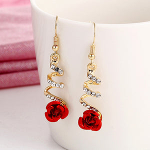 Red Rose Flower Long Earrings – Rhinestone Tassel Jewelry