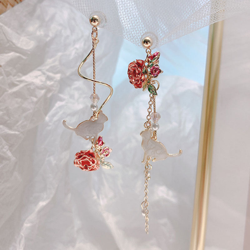Red Rose Flower Long Earrings – Rhinestone Tassel Jewelry