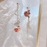 Red Rose Flower Long Earrings – Rhinestone Tassel Jewelry