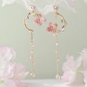 Red Rose Flower Long Earrings – Rhinestone Tassel Jewelry