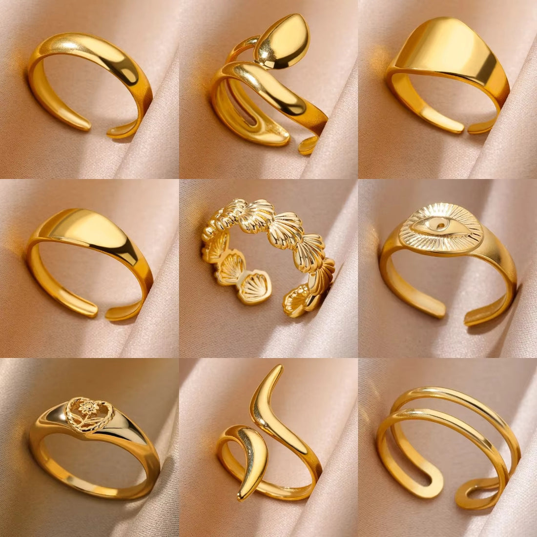 Collection of gold rings on a soft beige background
