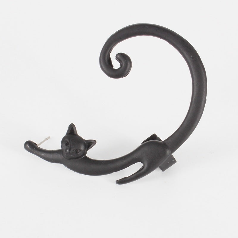 Punk Style Cat Earring – Black Stud with Ear Cuff for Women