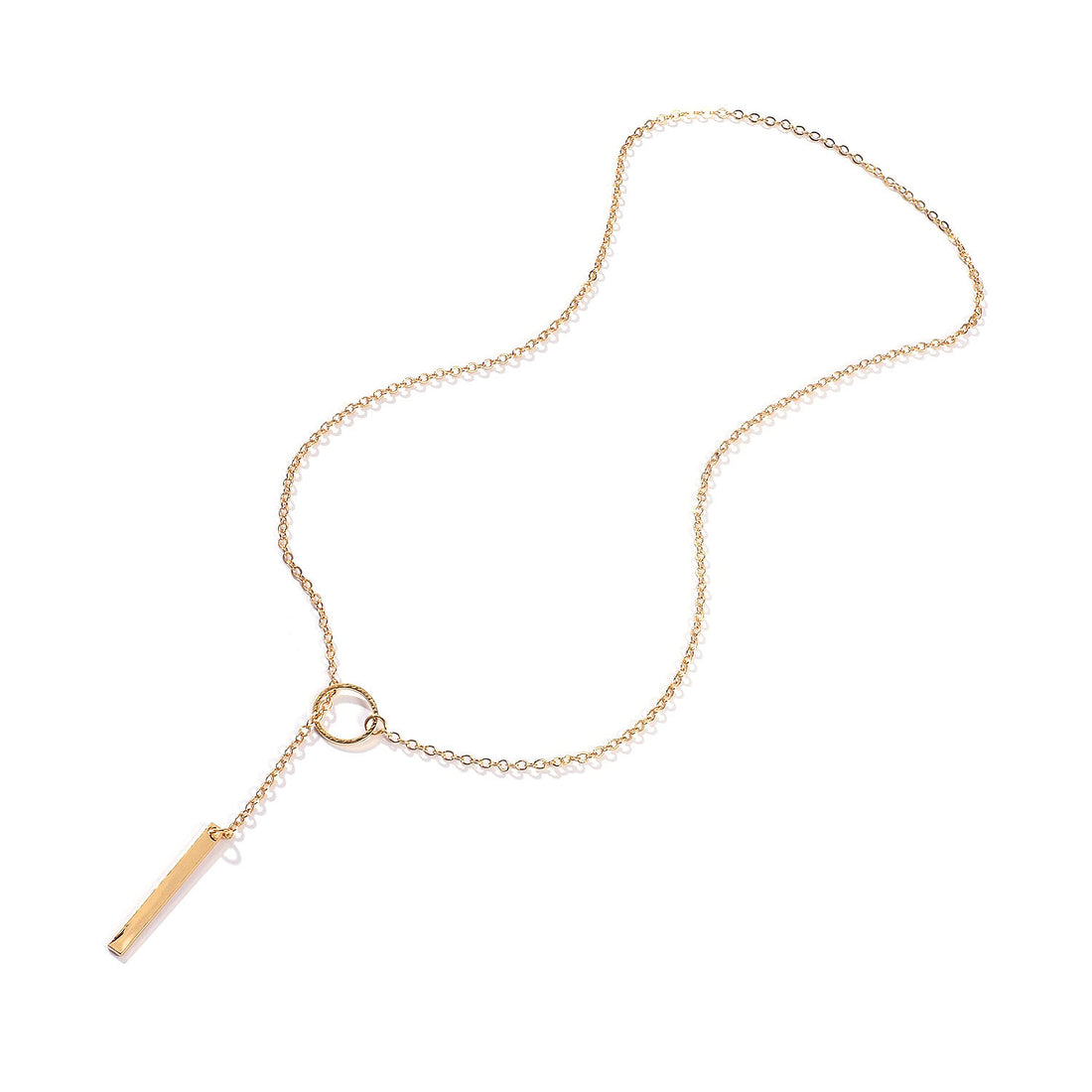 Gold necklace with a circular pendant and a vertical bar on a person wearing a black top.