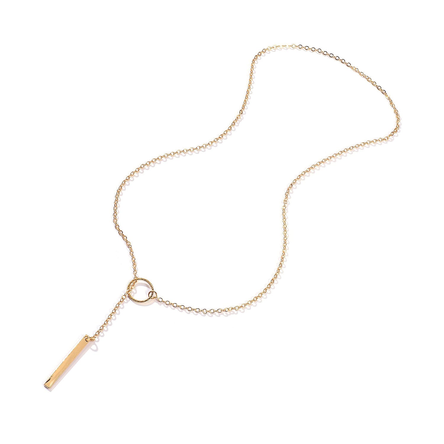Gold necklace with a bar pendant on a white background