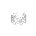 Silver floral cuff bracelet on a white background