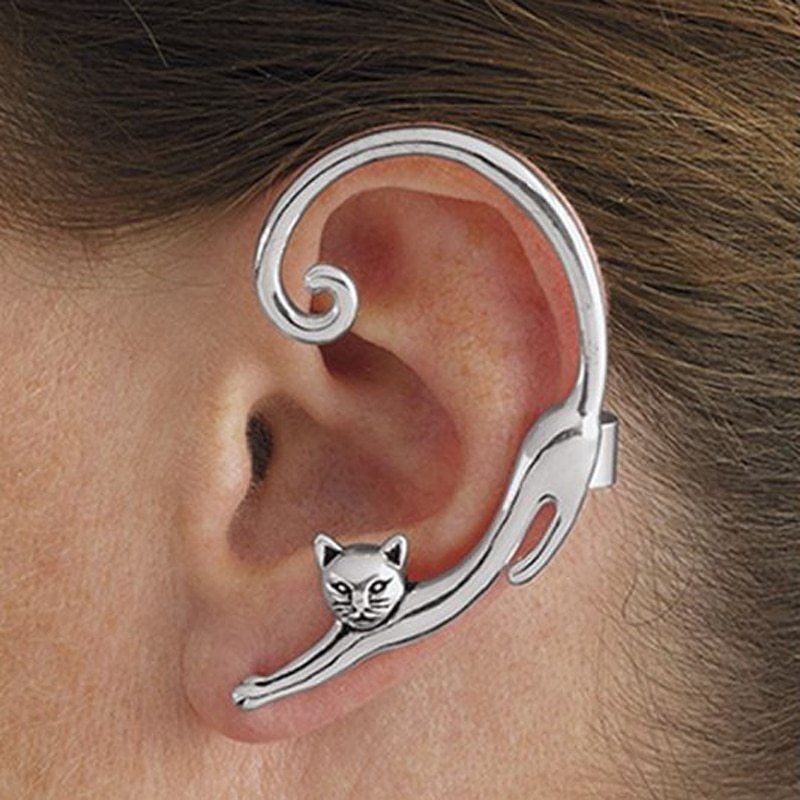 Punk Style Cat Earring – Black Stud with Ear Cuff for Women