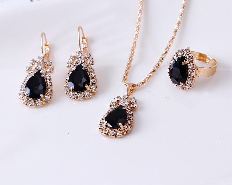 Water Drop Rhinestone Necklace, Earrings & Ring Set – Elegant Jewelry