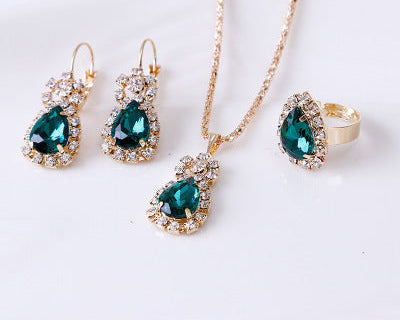 Water Drop Rhinestone Necklace, Earrings & Ring Set – Elegant Jewelry