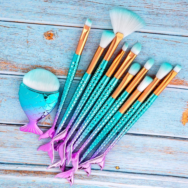 11pcs Makeup Brushes Kit – Mermaid Foundation & Eyebrow Set