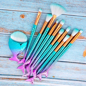 11pcs Makeup Brushes Kit – Mermaid Foundation & Eyebrow Set