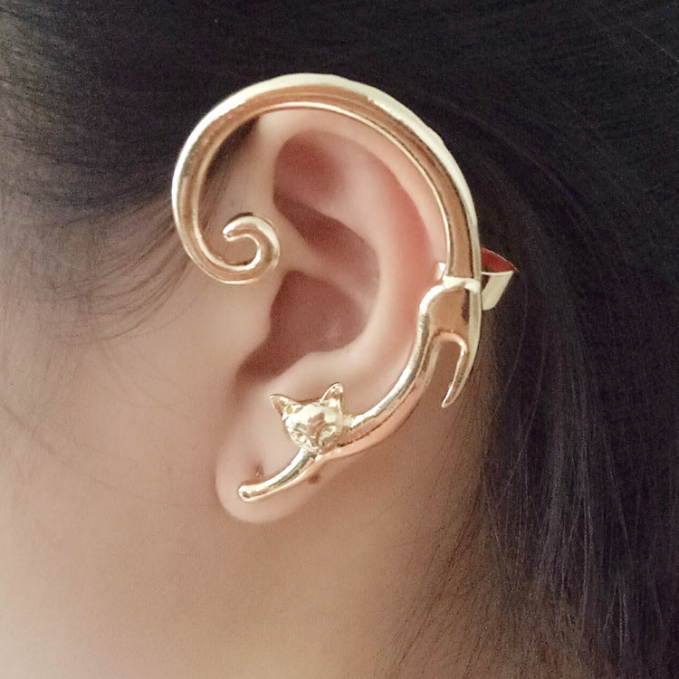 Punk Style Cat Earring – Black Stud with Ear Cuff for Women