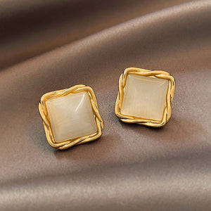 Cat’s Eye Flower Earrings – Opal Geometric Square & Triangle Design