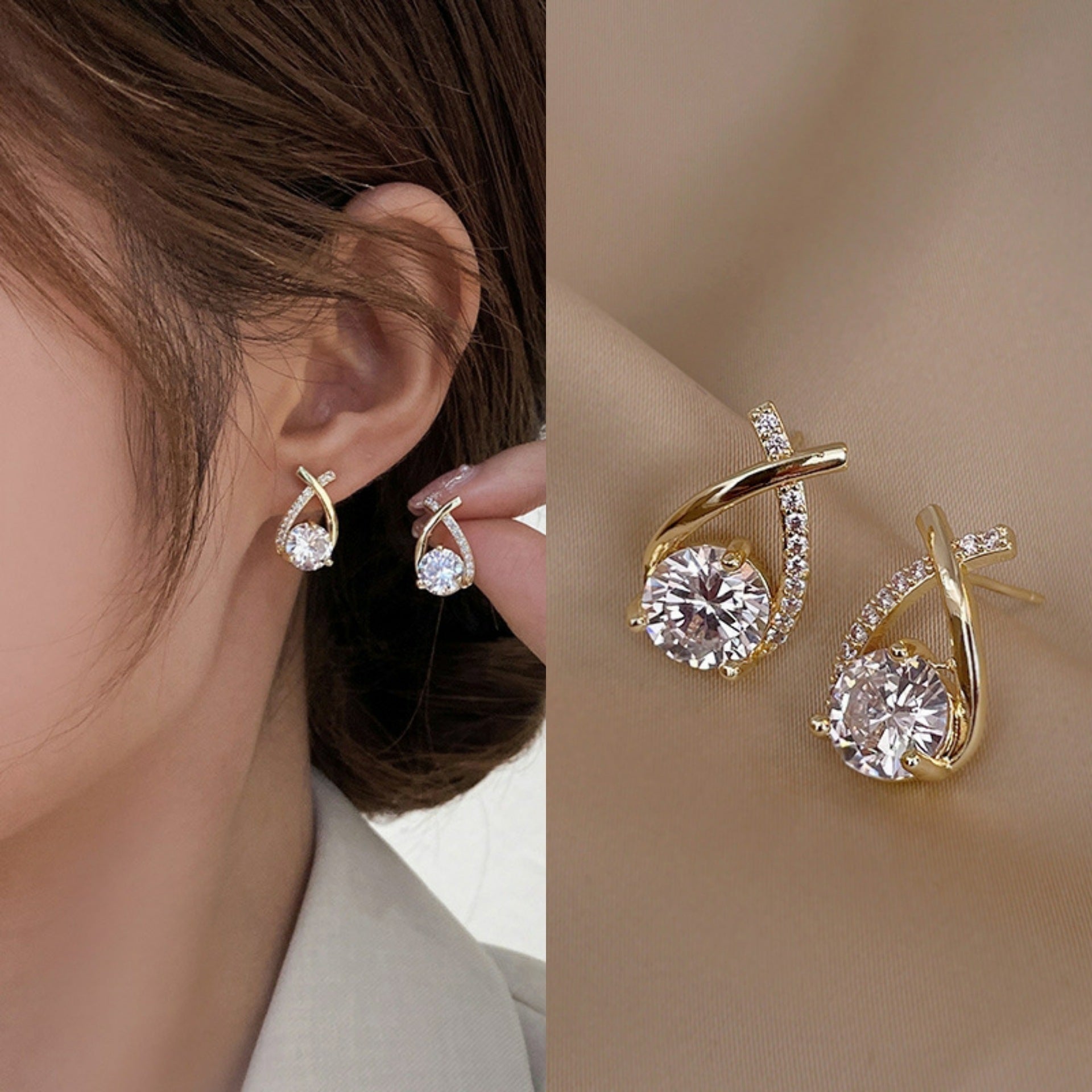 Gold earrings with clear gemstones worn by a person, close-up on ear and side view.