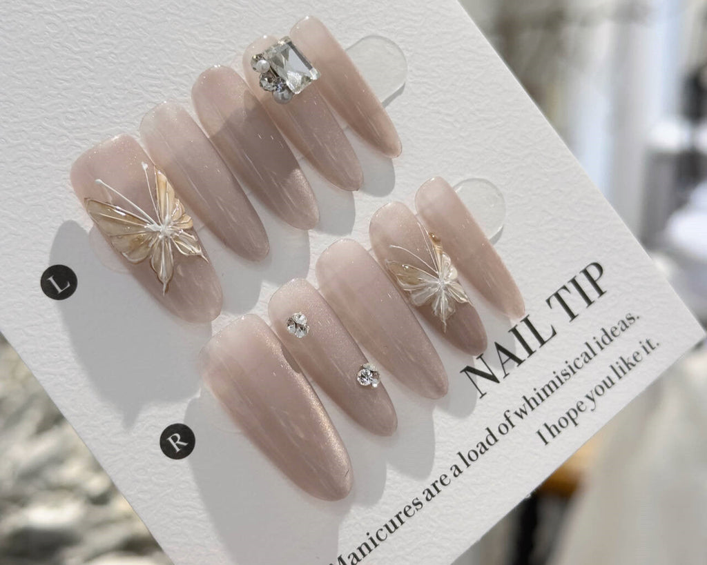 Handmade Long Ice-Transparent False Nails – 3D Butterfly Hand-Painted Design