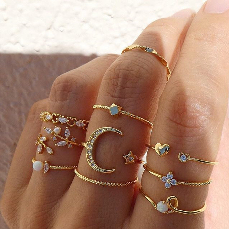 Bohemian Star Moon Pearl Leaf 10-Piece Ring Set