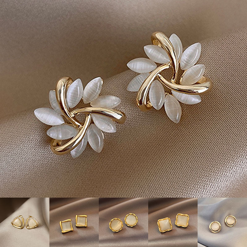 Cat’s Eye Flower Earrings – Opal Geometric Square & Triangle Design