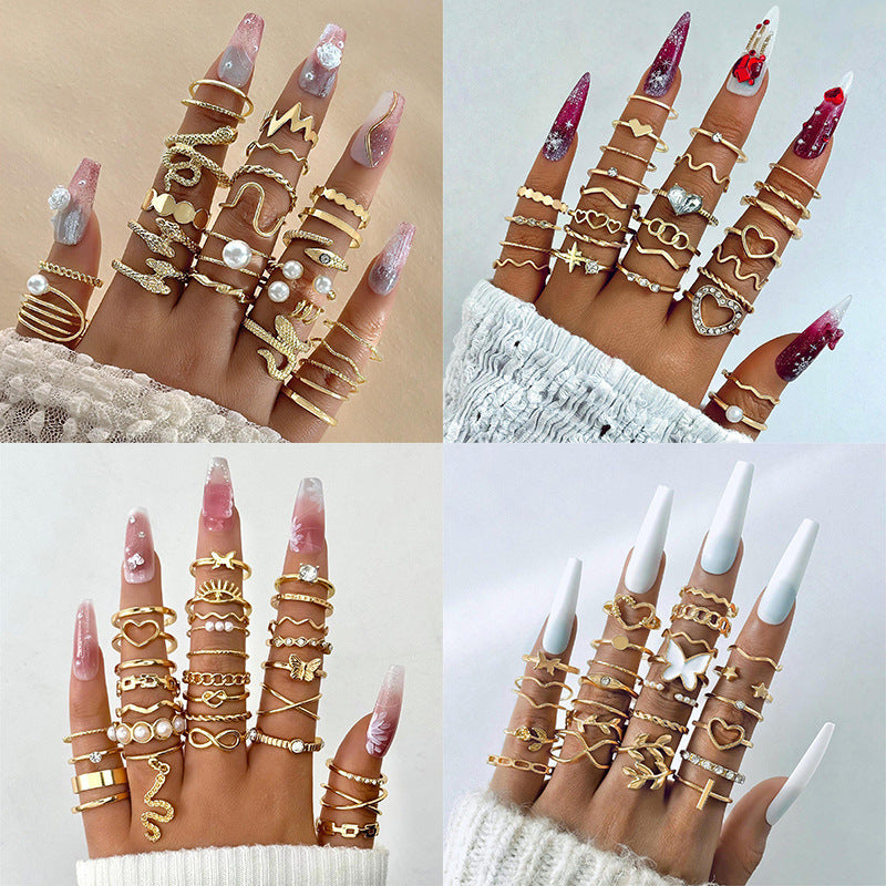 Collage of multiple gold rings on fingers with various nail colors.