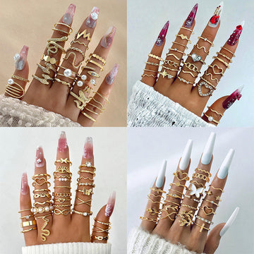 Collage of multiple gold rings on fingers with various nail colors.