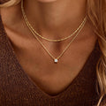 Gold necklace with a diamond pendant worn by a person against a brown textured background
